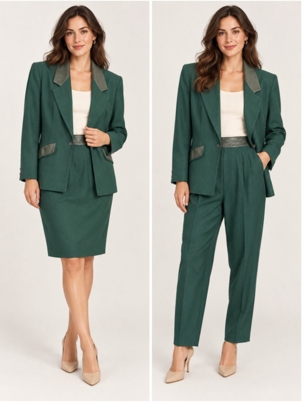 Vintage Allure Deep Green Wool Blazer & Convertible Skirt-to-Pant Suit Size 10